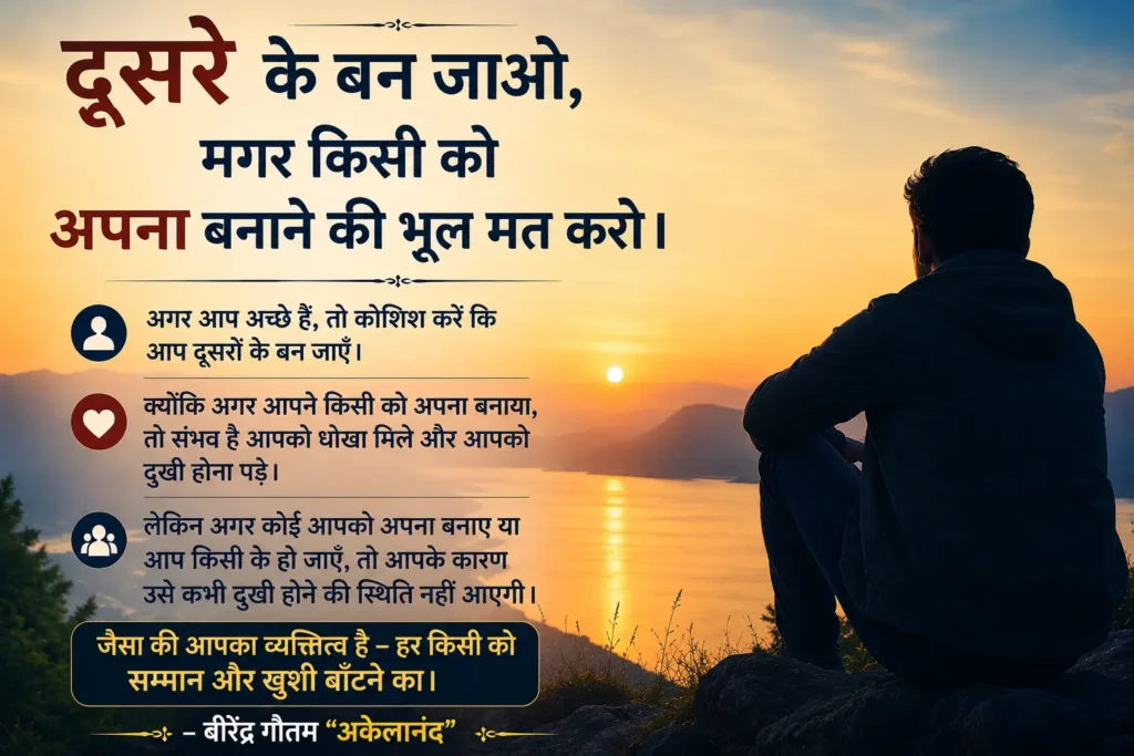 दूसरे के बन जाओ मगर किसी को अपना बनाने की भूल मत करो – रिश्तों, विश्वास और सम्मान पर आधारित प्रेरणादायक हिंदी विचार।